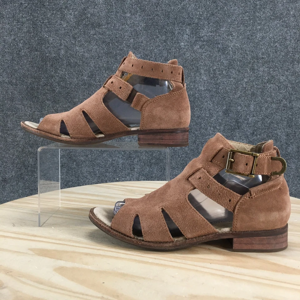 Sandalias CAT para mujer 7 gladiador cuero marrón hebilla correa punta abierta tacones bloque Foto 2 de 4