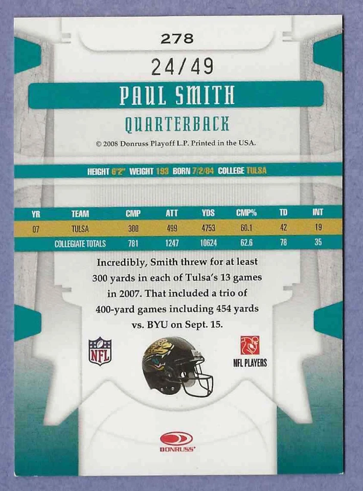 2008 Leaf Limited Paul Smith Gold Spotlight Jacksonville Jaguars 278 24/49 - Image 2 of 2