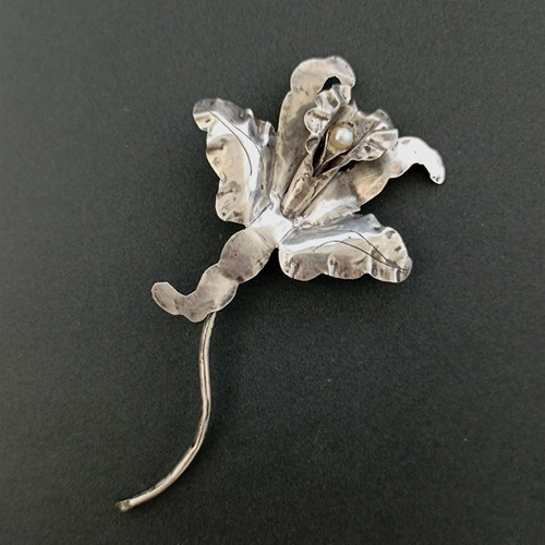 Antique 900 Brooch Silver Art Nouveau Orchid Floral Pearl Handmade Dainty 925