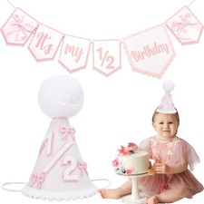 1/2 Birthday Banner Pink Bow Hat 6 Months Party Decoration High Chair Banner ...