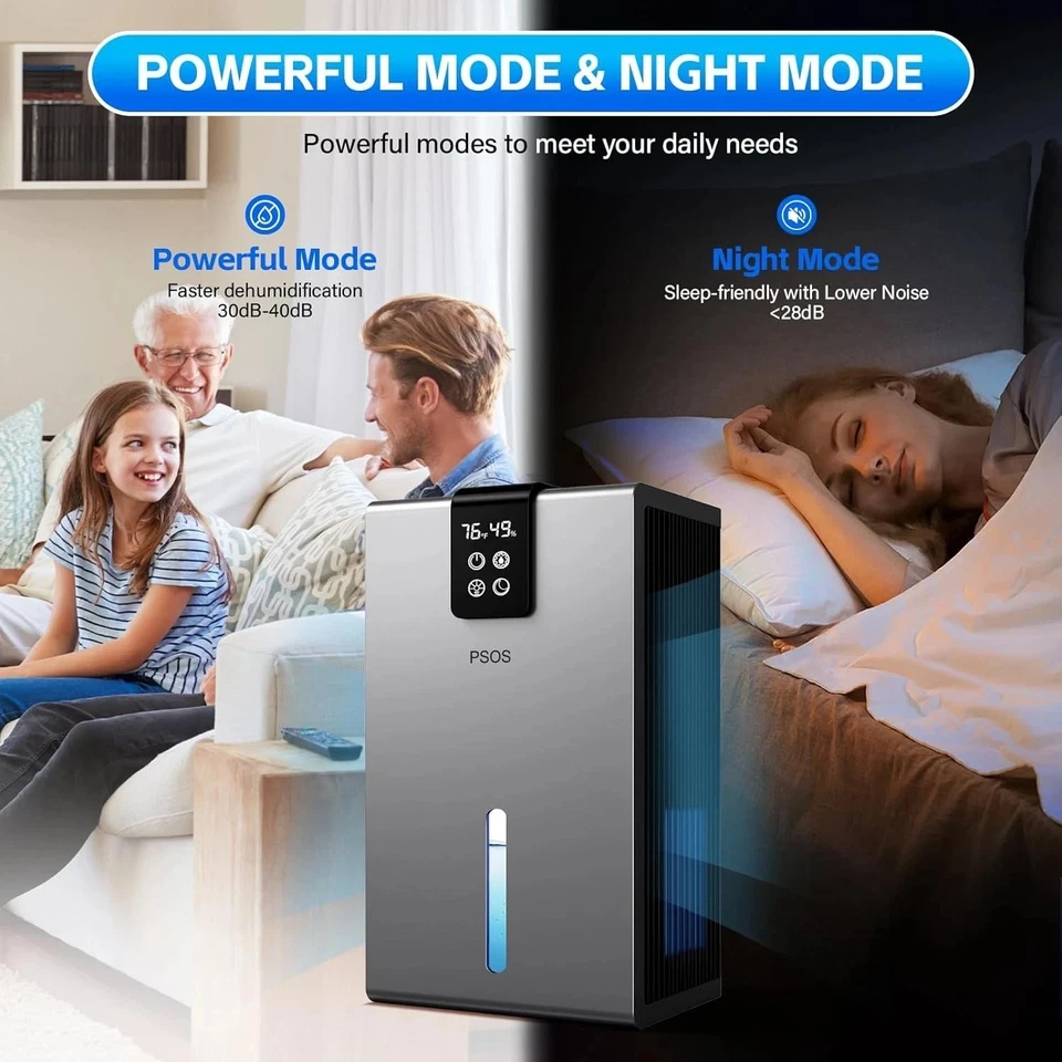 PSOS Dehumidifier - 98oz Tank, Quiet, Auto Shut Off, Color LED, Gray, Brand-New - Image 3 of 4
