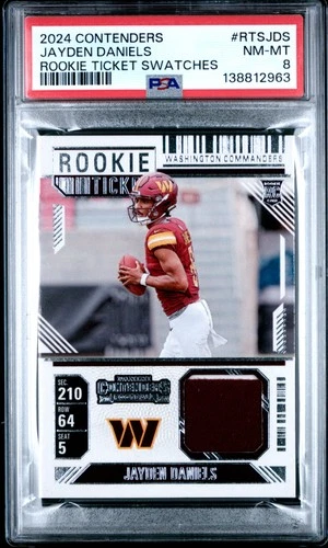 2024 PANINI CONTENDERS RC TKT SWATCHES #RTSJDS JAYDEN DANIELS ROOKIE RC PSA 8