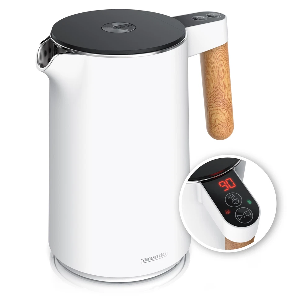 Arendo Wasserkocher 1,5 Liter 2200 W 7 Temperaturstufen Edelstahl weiß