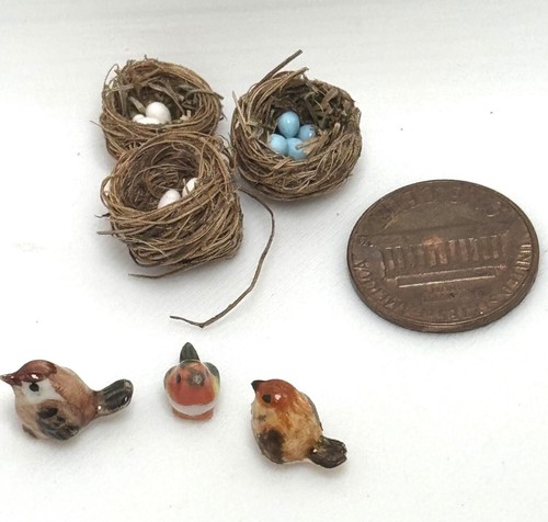 Miniature Song Birds & Nests Lot of 6 Dollhouse Fairy Garden Mini Micro Props