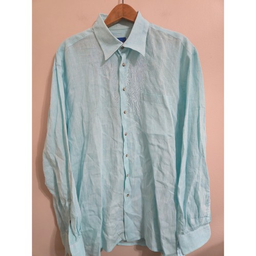 Ben Silver The Charleston Shirt Mens Large Aqua Blue 100% Linen Made in ...