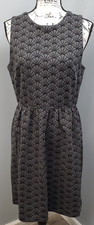 Ann Taylor Loft Sheath Dress Womens 10 Black Gray Geometric Fan Pleated Stretch