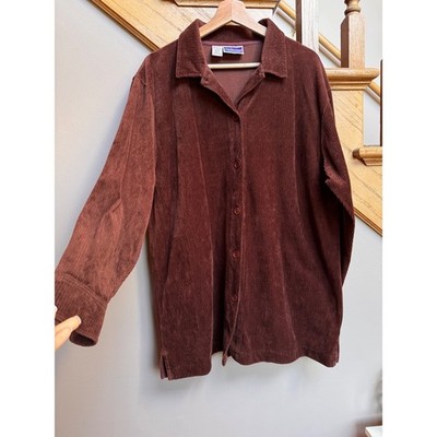 Vintage North Crest Womens Brown Corduroy Button Up Shirt Sz L Neutral Lagenlook