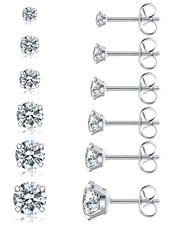 6 Pairs Stud Earrings Set, Hypoallergenic Cubic Zirconia 3-8mm, A-001-silver