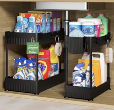 2 Pack Under Sink Organizer, Under Bathroom Cabinet Organizer with Hooks Hanging