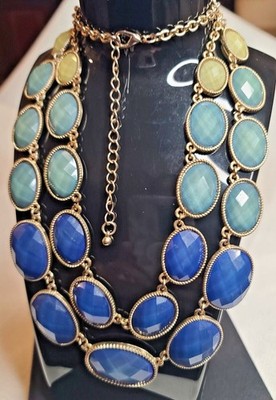 Two Layer Ombre Blue Green Yellow Facet Acrylic Shimmer Necklace Estate