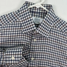 Eton Dress Shirt Men 15.5 Medium Blue Brown Gingham Check Long Sleeve Fine Twill