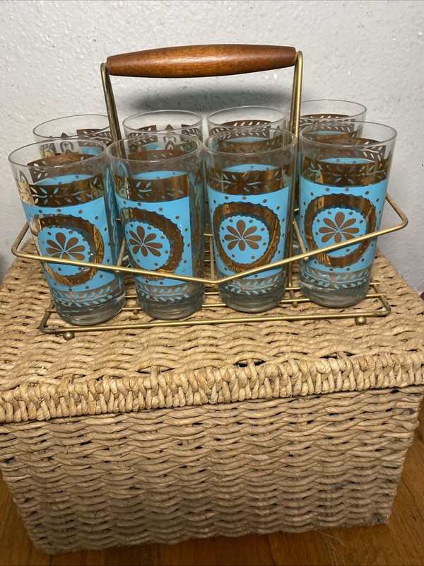 Mid-century, modern teal and gold bar wear glasses ￼ with original  rack