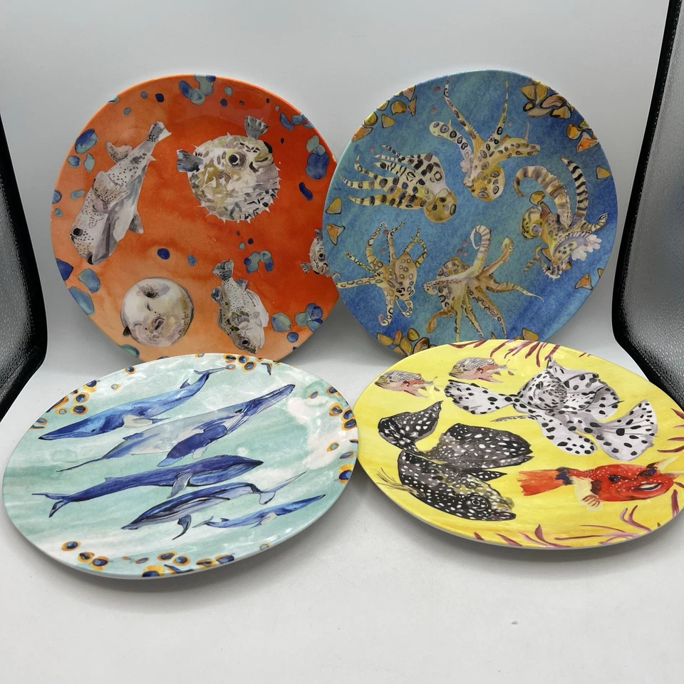 4 platos de cena Anthropologie de melamina de 10,5" VOUTSA Ocean Beach pulpo acolchado Foto 2 de 4