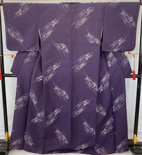 Japanese Vintage Kimono Polyester Purple Traditional Authentic Length 64 in