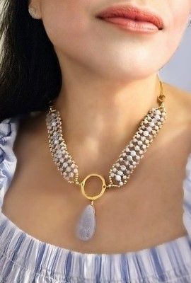 Ethereal Blue Lace Chalcedony In A Weaved Gold Plated Statement Necklace