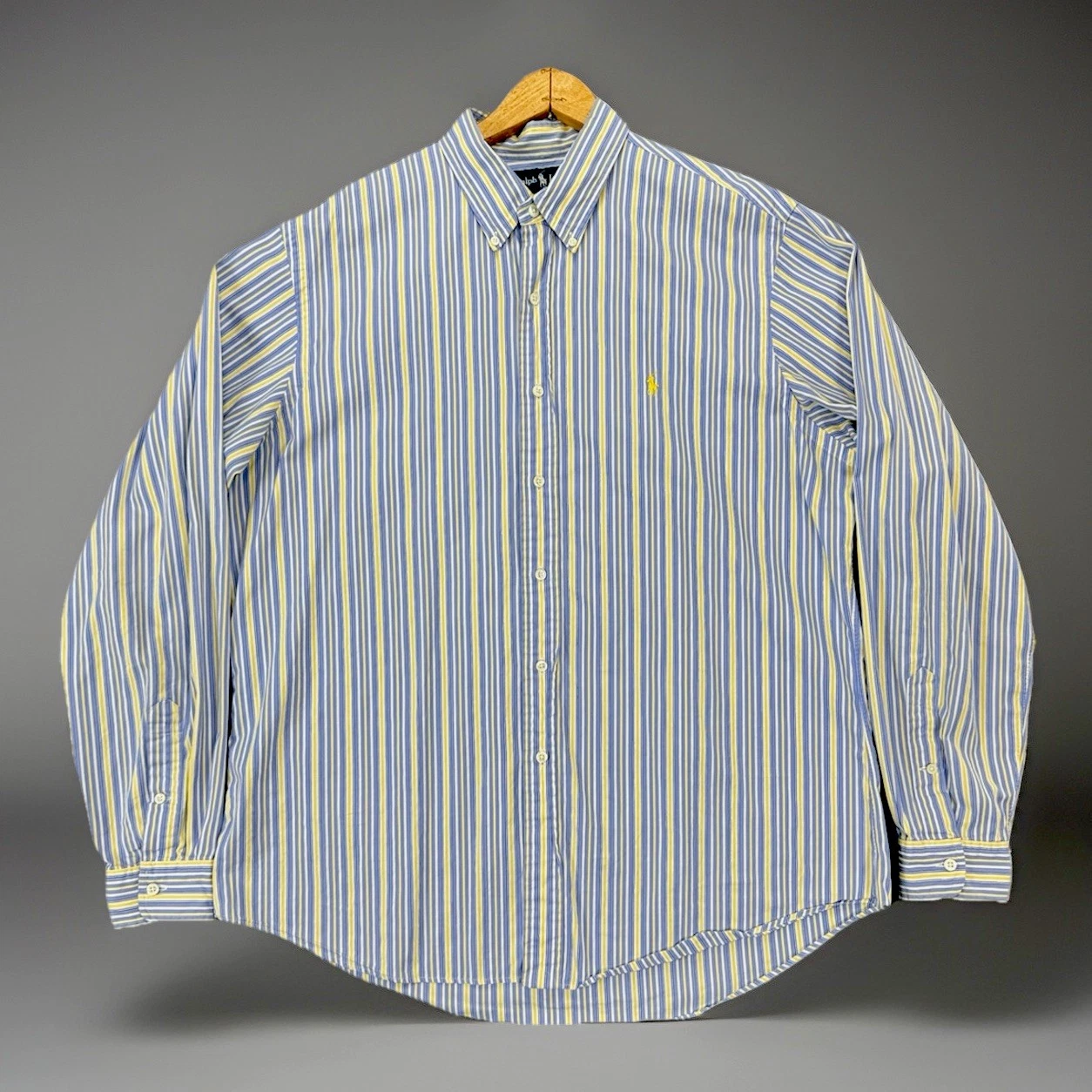 Ralph Lauren Custom Fit Striped Shirt XL 17.5 Blue Yellow Made Hong Kong VTG