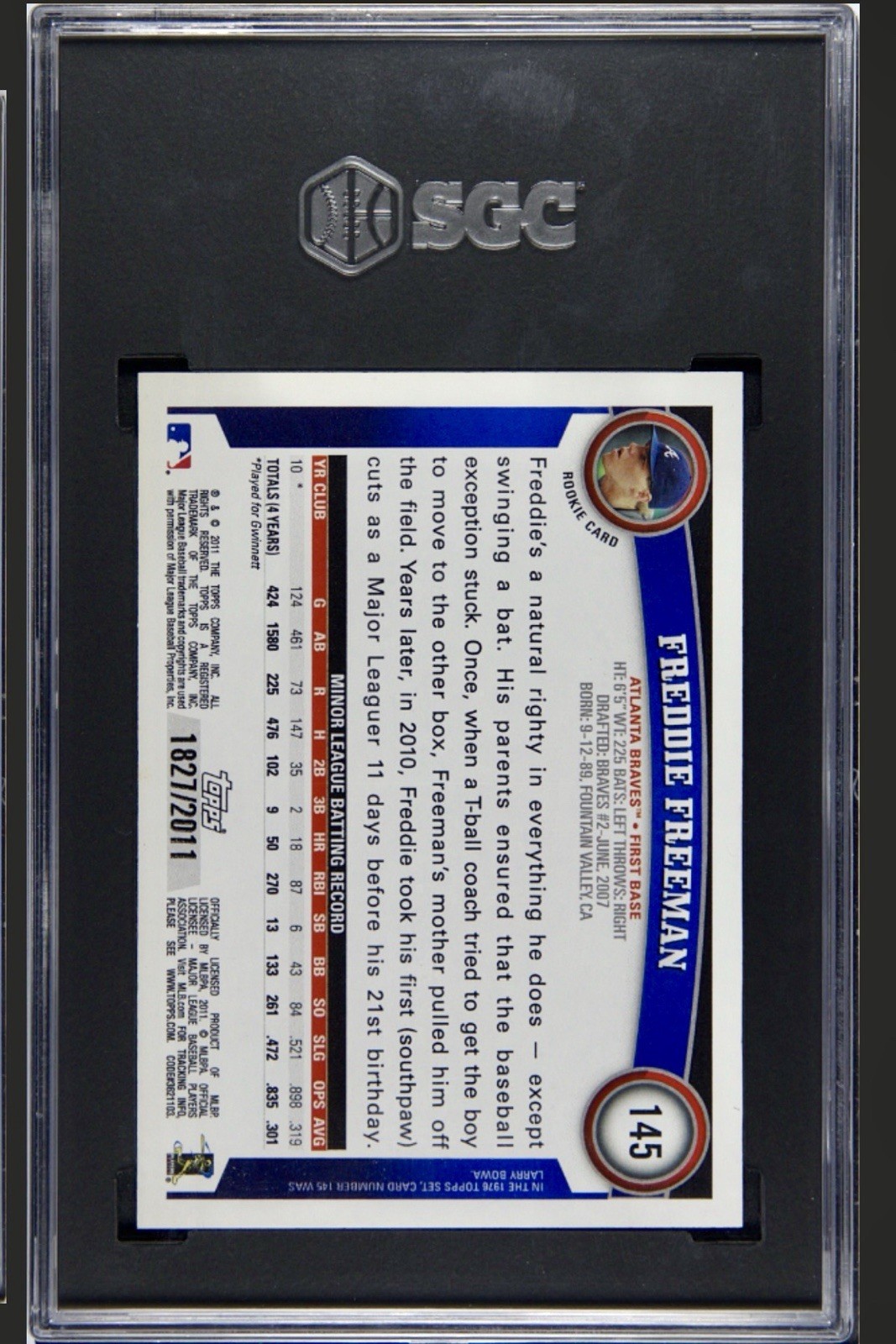 2011 Topps - Freddie Freeman Rookie (RC) #145 Gold /2011 - Dodgers - SGC 9 view 4