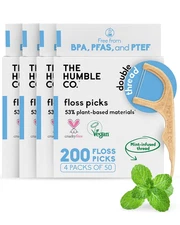 The Humble Co Dental Floss Picks for Teeth, 200 Count (Mint) - Double Thread Too