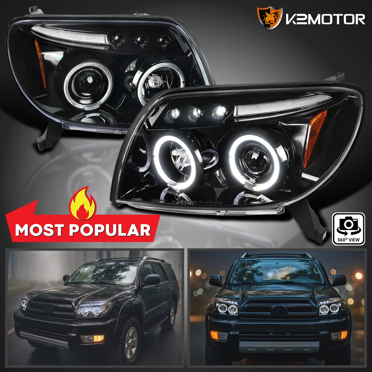 Jet Black Fits 2003-2005 Toyota 4Runner LED Halo Projector