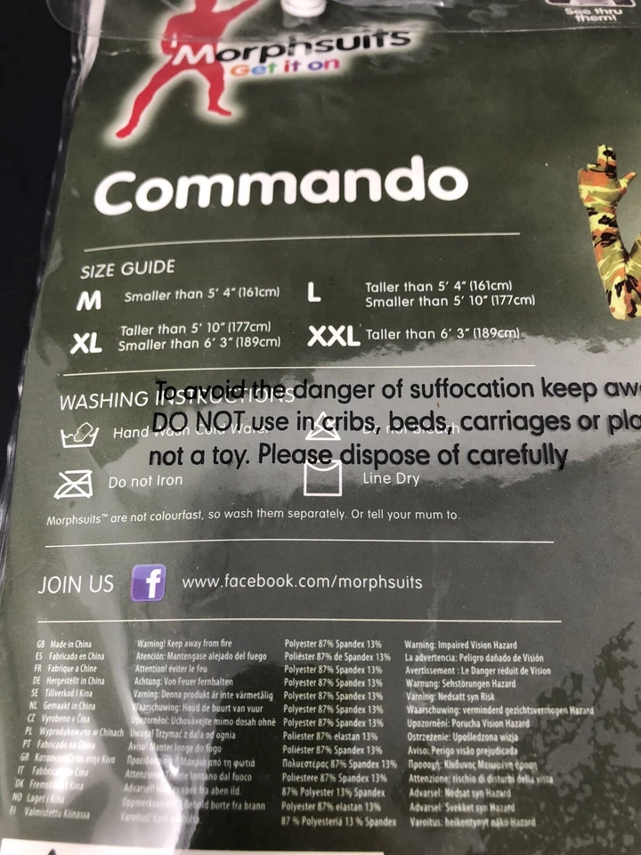 Traje Morphsuit Commando Verde Camuflaje Adulto Talla XL Halloween Se Ajusta a 5'10" a 6'3" Foto 4 de 4