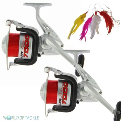 ANGLING PURSUITS Sea Beach Reel x2 Big Fixed Spool Pier Boat Fishing FREE FEATHERS with 20lb Line