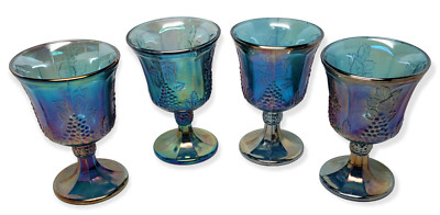 Indiana Colony Set of 4 HARVEST GRAPE Blue Carnival Glass Water Goblets - B