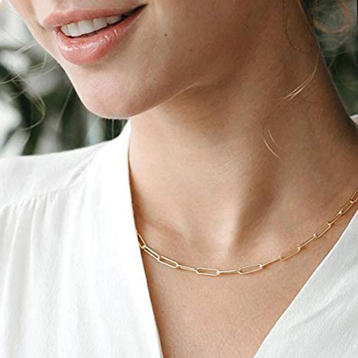 Women Paper Clip Paperclip Chain Necklace Choker Bracelet 14-24" Gold  Plated