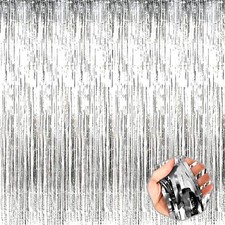 6 Pack Silver Foil Fringe Curtain Backdrop 3.28Ft x 8.2Ft Metallic Tinsel Foi...