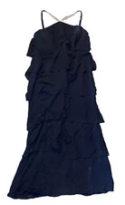 Daymor Couture Women's Silk Halter Neck Tiered Ruffled Maxi Dress Navy Blue 18