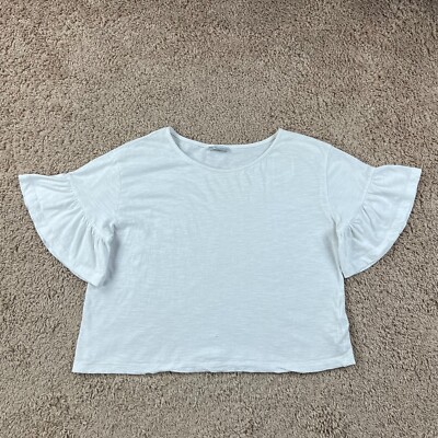ZARA Basic Collection Womens White Short Flutter Sleeve Crop Top M Round Neck 