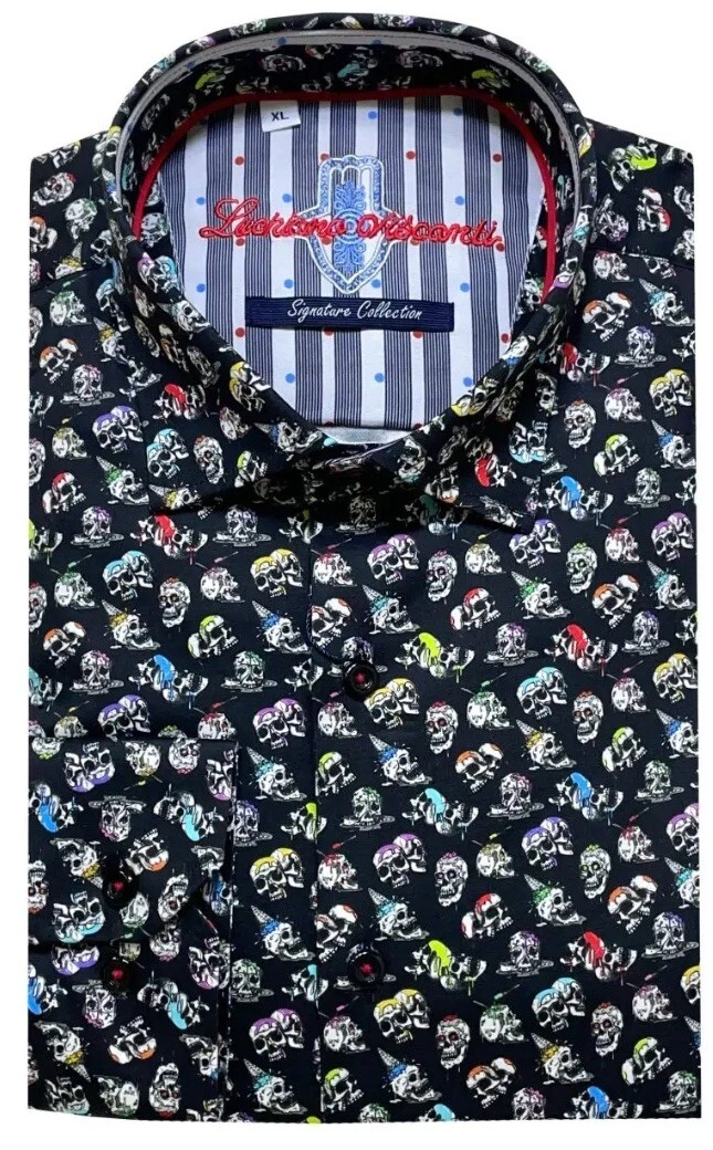 NWT Men’s Visconti Signature Long Sleeve Black Multicolor Skulls Shirt (S) $135