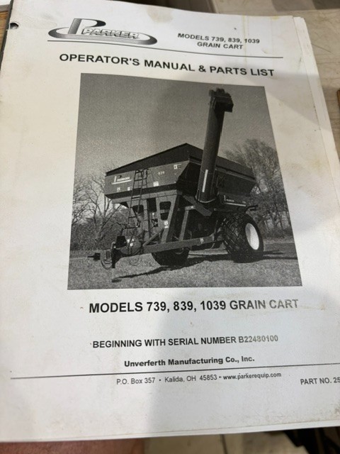 Parker Industries 739 839 1039 Grain Cart Operators Manual & Parts List Good