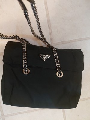 Prada Tessuto Nylon Chain Flap Bag Shoulder Bag Black Gold Women Classic