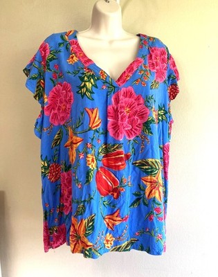 JNY Aloha Shirt 2X Plus Rayon Floral SS V Neck Bold Bright Dopamine Dressing