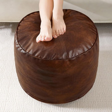 round Stuffed Pouf Ottoman, Pu Leather Poufs with Foam Chunk Filling, Furry and