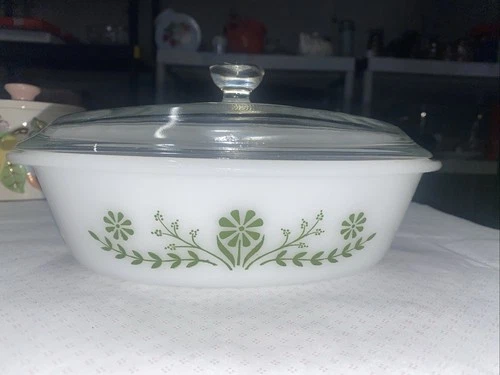 Vintage Glasbake 1  QT Casserole Dish With Lid Green Daisy Primrose Oval J 235