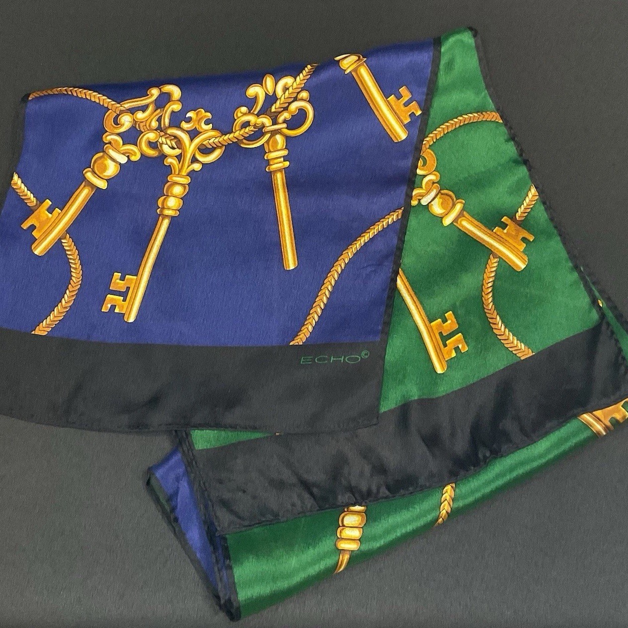 Echo Silk Scarf Blue Green Gold Chain & Key Print Vintage Japan 10x52