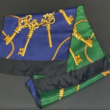 Echo Silk Scarf Blue Green Gold Chain Key Print Vintage Japan 10x52"