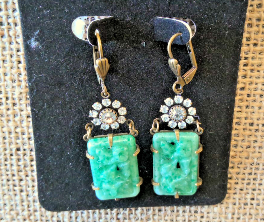 Vintage Art Deco Style Green Peking Glass Earrings