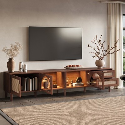 TV Stand for 90'' w/ Glass & Rattan Doors Media Console w/ LED Lights & 2 Drawers