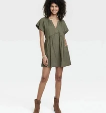 Universal Thread Short Sleeve Linen Mini Dress Olive Green Pockets Linen XL