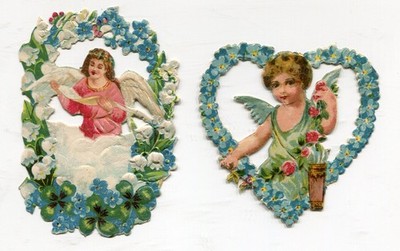 Oblaten scrap die cut chromo Engel  Herz Blumen  8,5 cm