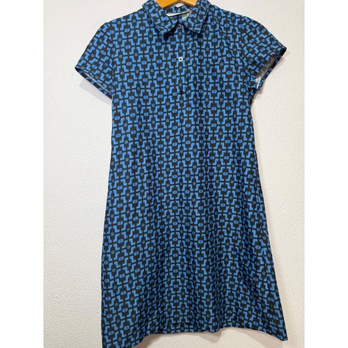 Guy Laroche, Vintage Guy Laroche Paris Blue Geometric Print Short Sleeve Shirt Dress Mod 38