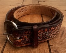 Vintage Leather Hand Tooled Belt Floral Leaves Cowboy Belt 42.5 Long No Size