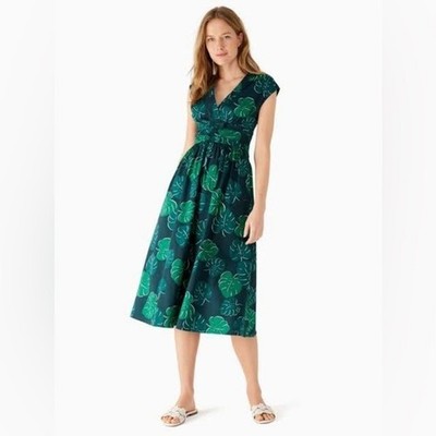 Kate Spade Monstera Leaves Poplin Bow Midi Dress size 14 | eBay