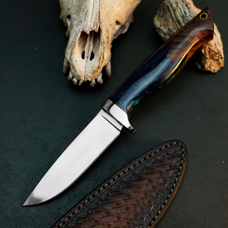 9.3 inch D2 Tactical Knife Half Tang Resin Handle Fixed Blade Leather Sheath
