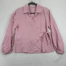Love Whit by Whitney Port Wrap Blouse Top Collared Pink Tie Waist Long Sleeve S