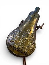 Antique 19th Century Powder Flask: Hunter & Dog Relief, Brass Powder Flask