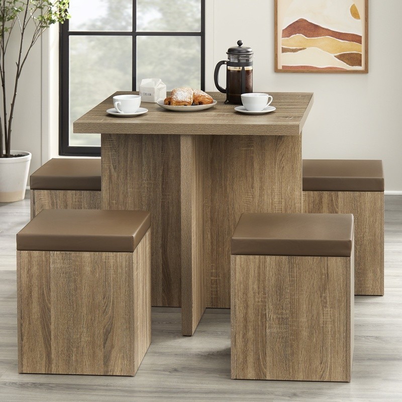 5-Piece Compact Dining Set W/ Square Table Storage Stools Small Spaces New