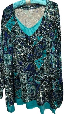 Westbound Woman Top 2X Cute Blue Teal Artsy Boho Lagenlook Tunic Shirt Blouse